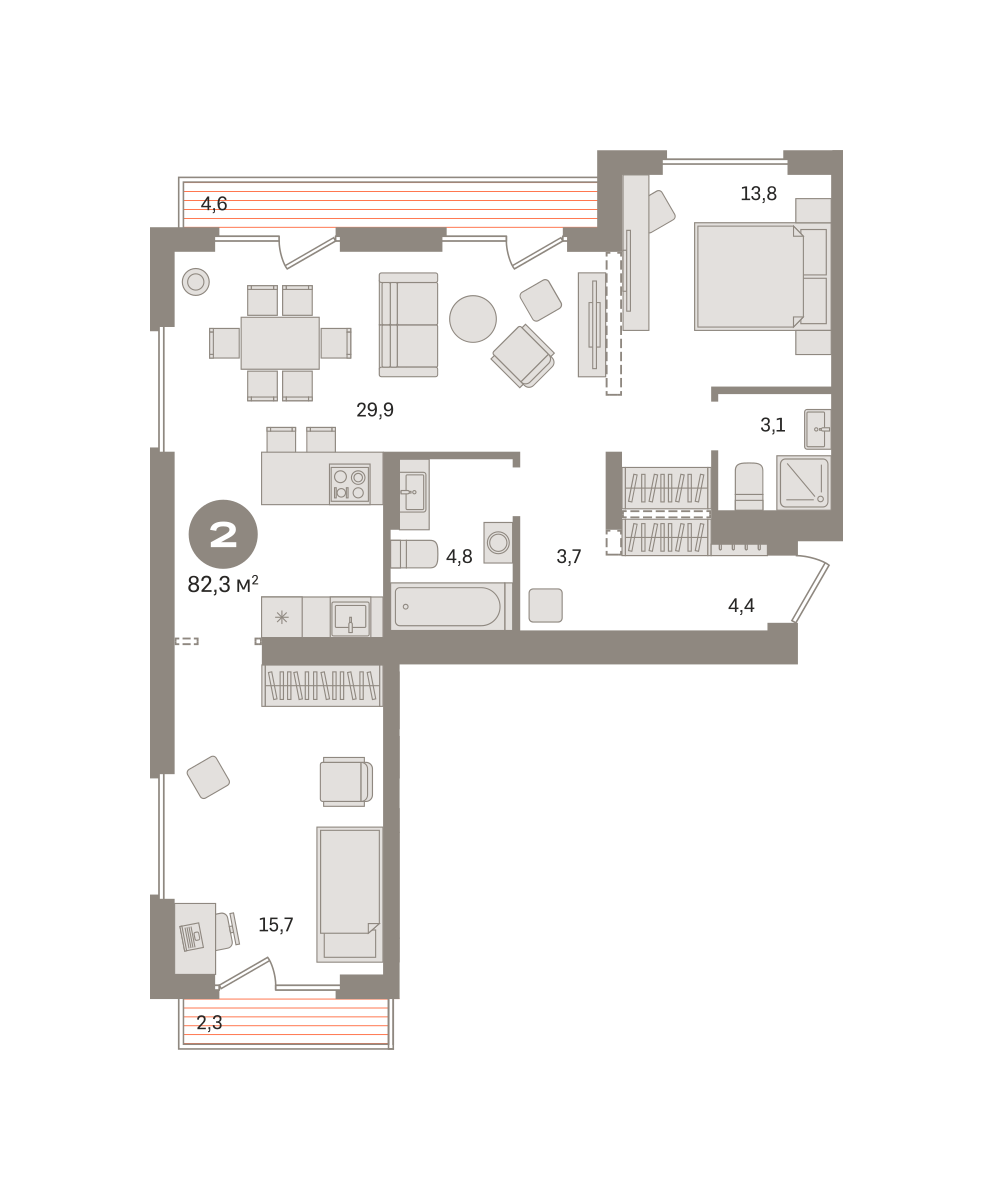 2 комн. Квартира 82.3 кв. м