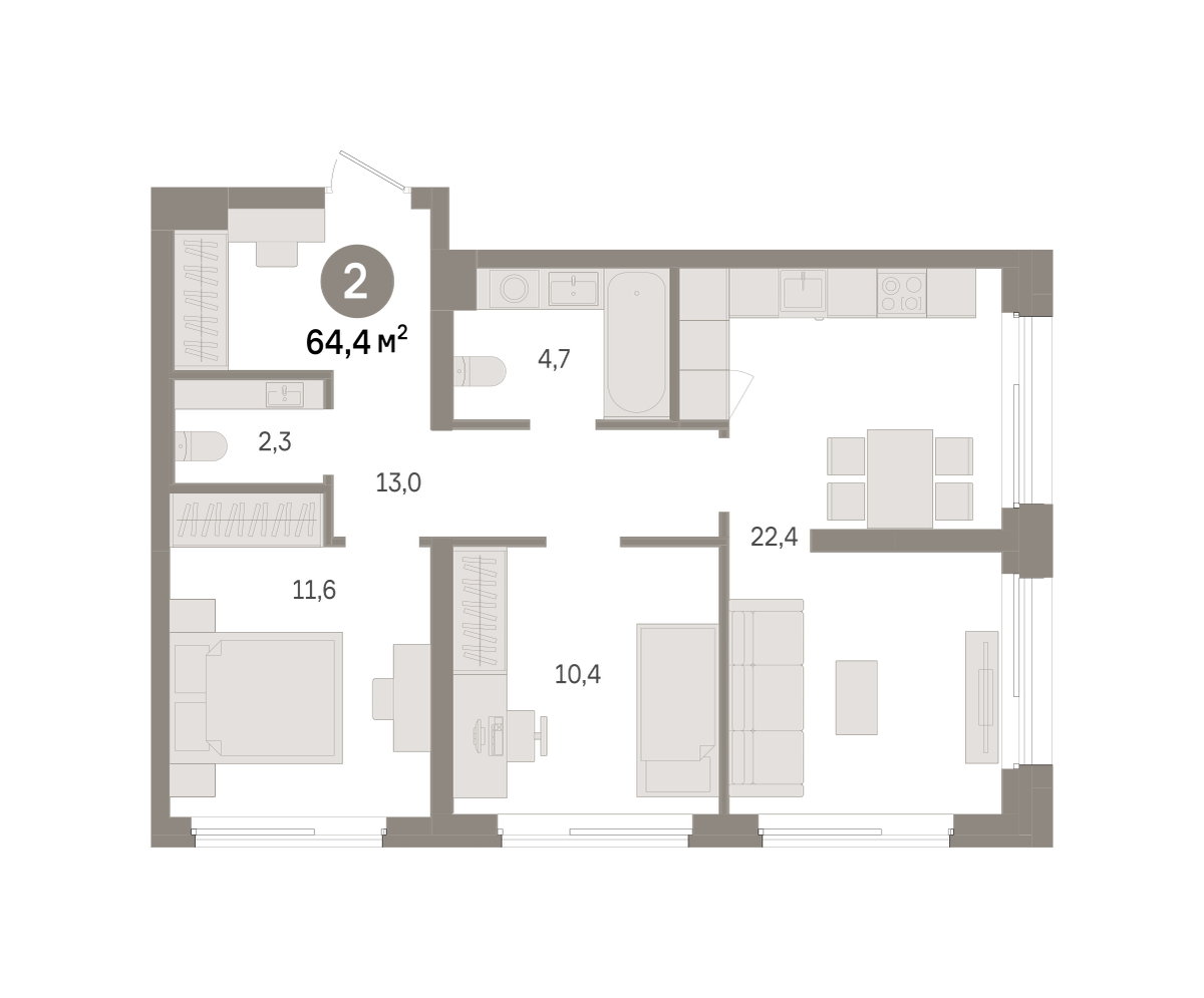 2 комн. Квартира 64.4 кв. м