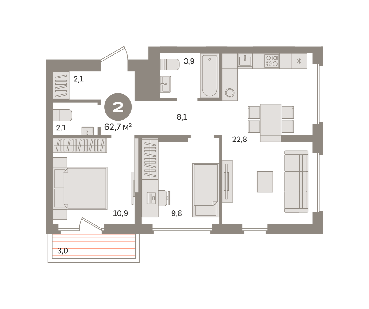 2 комн. Квартира 62.7 кв. м