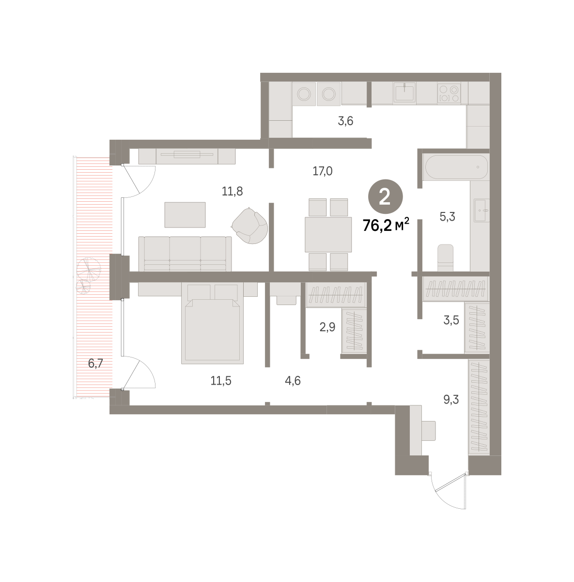 2 комн. Квартира 76.2 кв. м