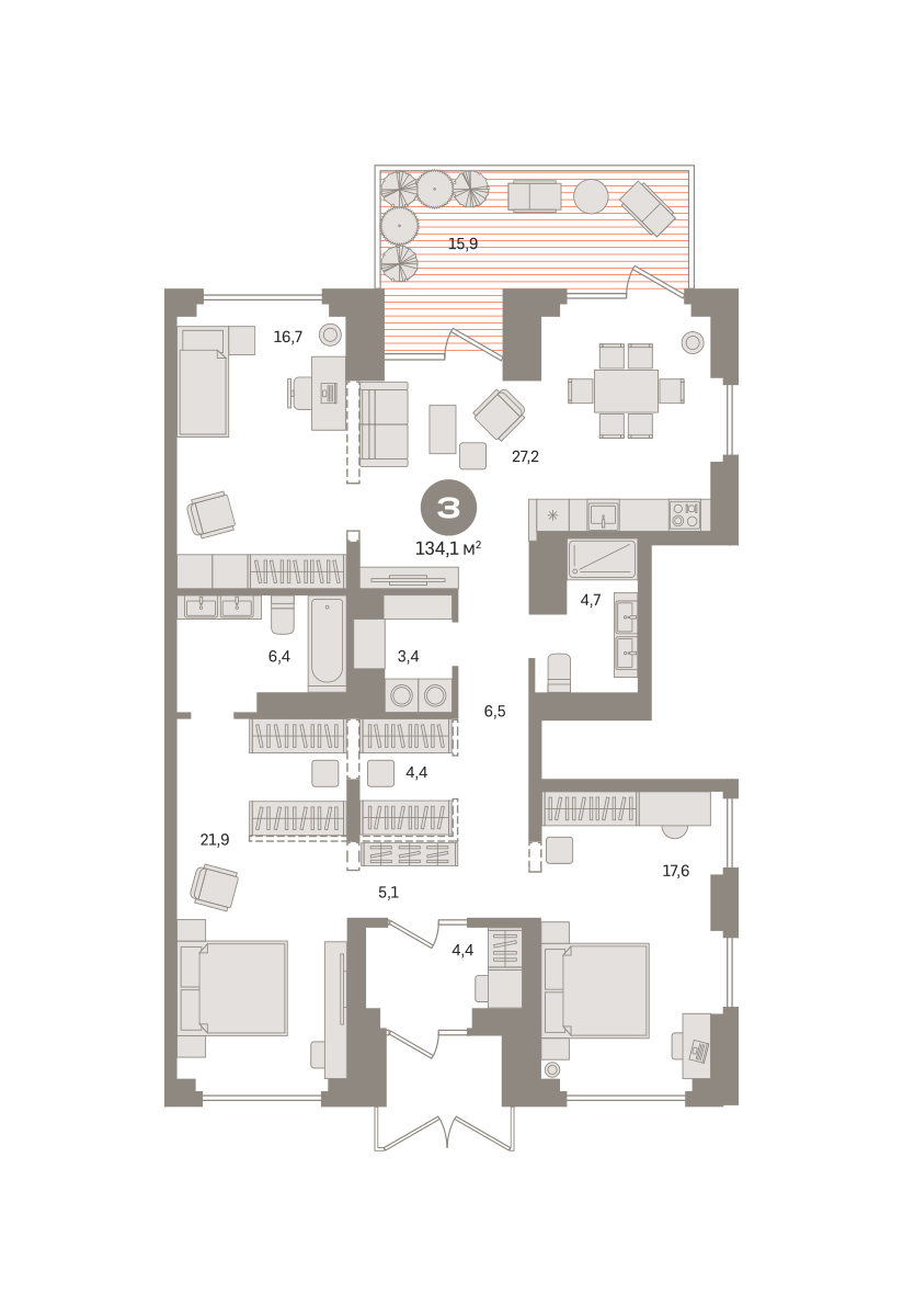 3 комн. Квартира 134.1 кв. м