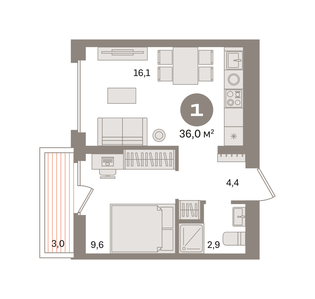 1 комн. Квартира 36 кв. м