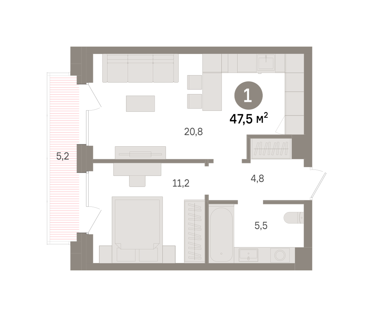 1 комн. Квартира 47.5 кв. м
