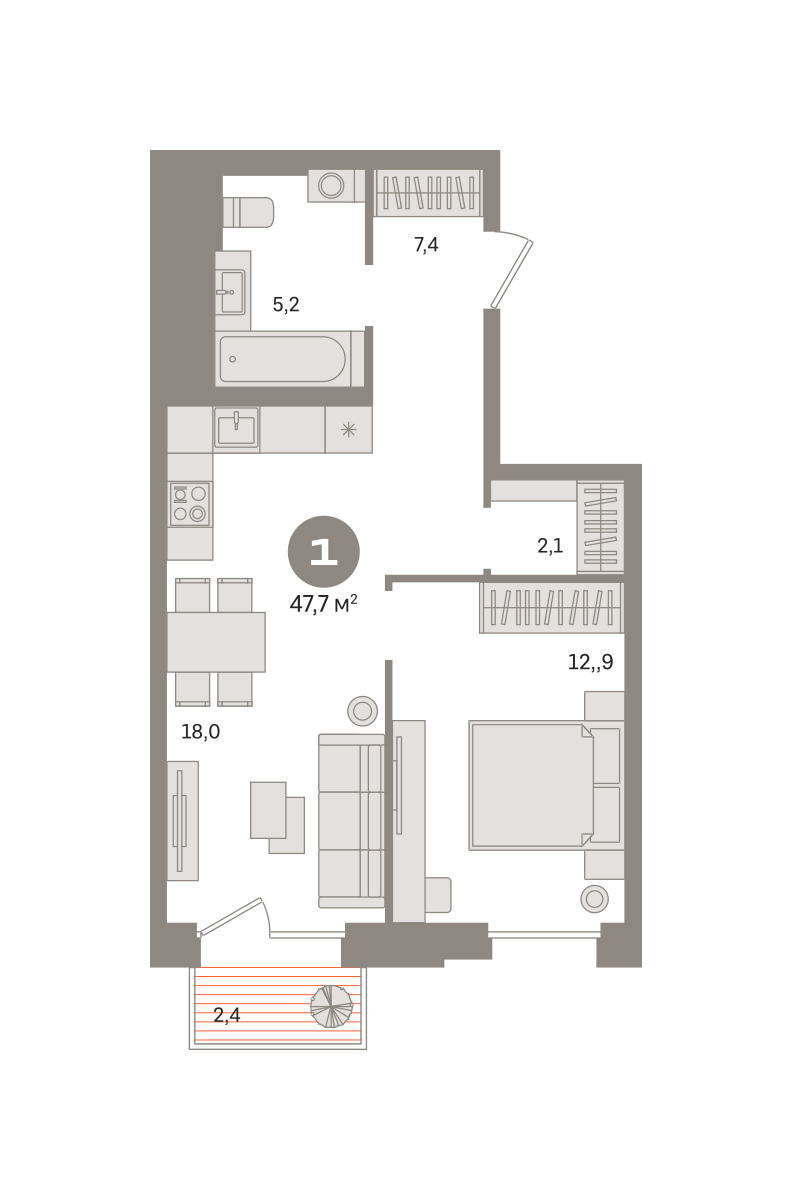 1 комн. Квартира 47.7 кв. м