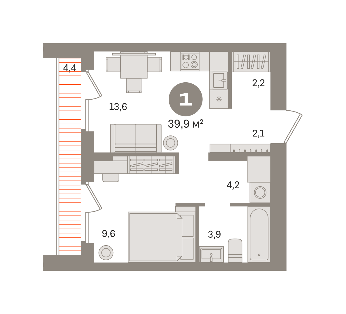 1 комн. Квартира 39.9 кв. м