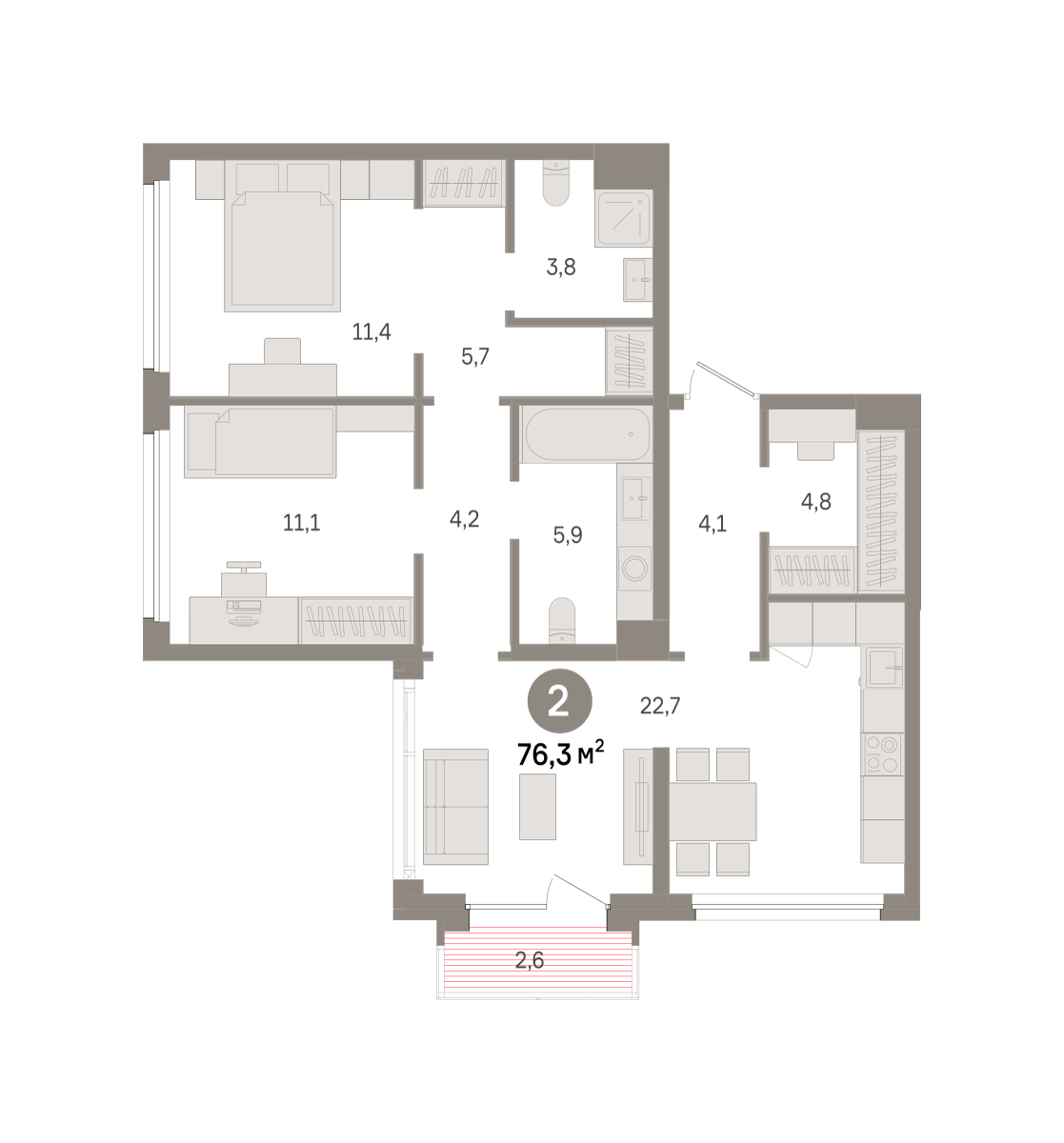 2 комн. Квартира 76.3 кв. м