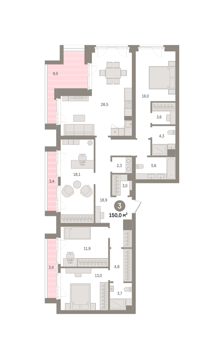3 комн. Квартира 150 кв. м