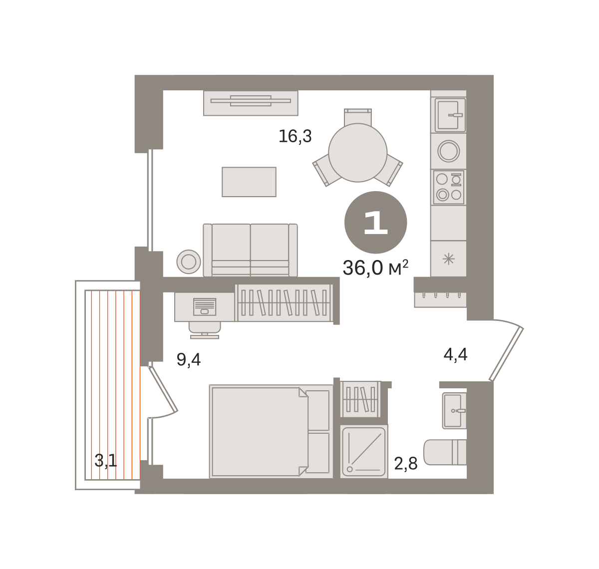 1 комн. Квартира 36 кв. м