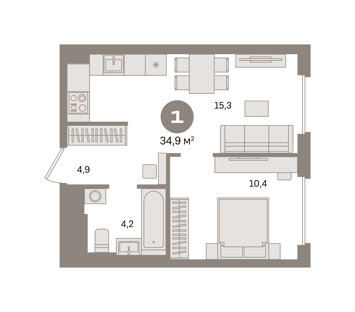 1 комн. Квартира 34.9 кв. м