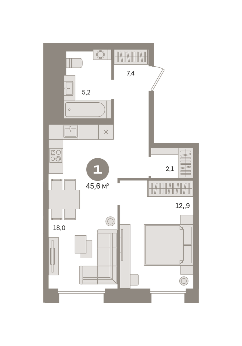 1 комн. Квартира 45.6 кв. м