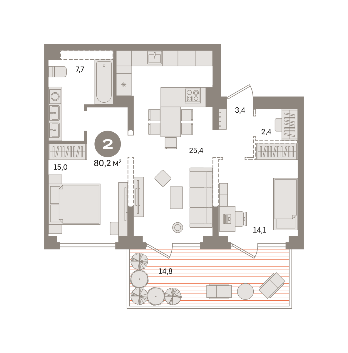 2 комн. Квартира 80.2 кв. м