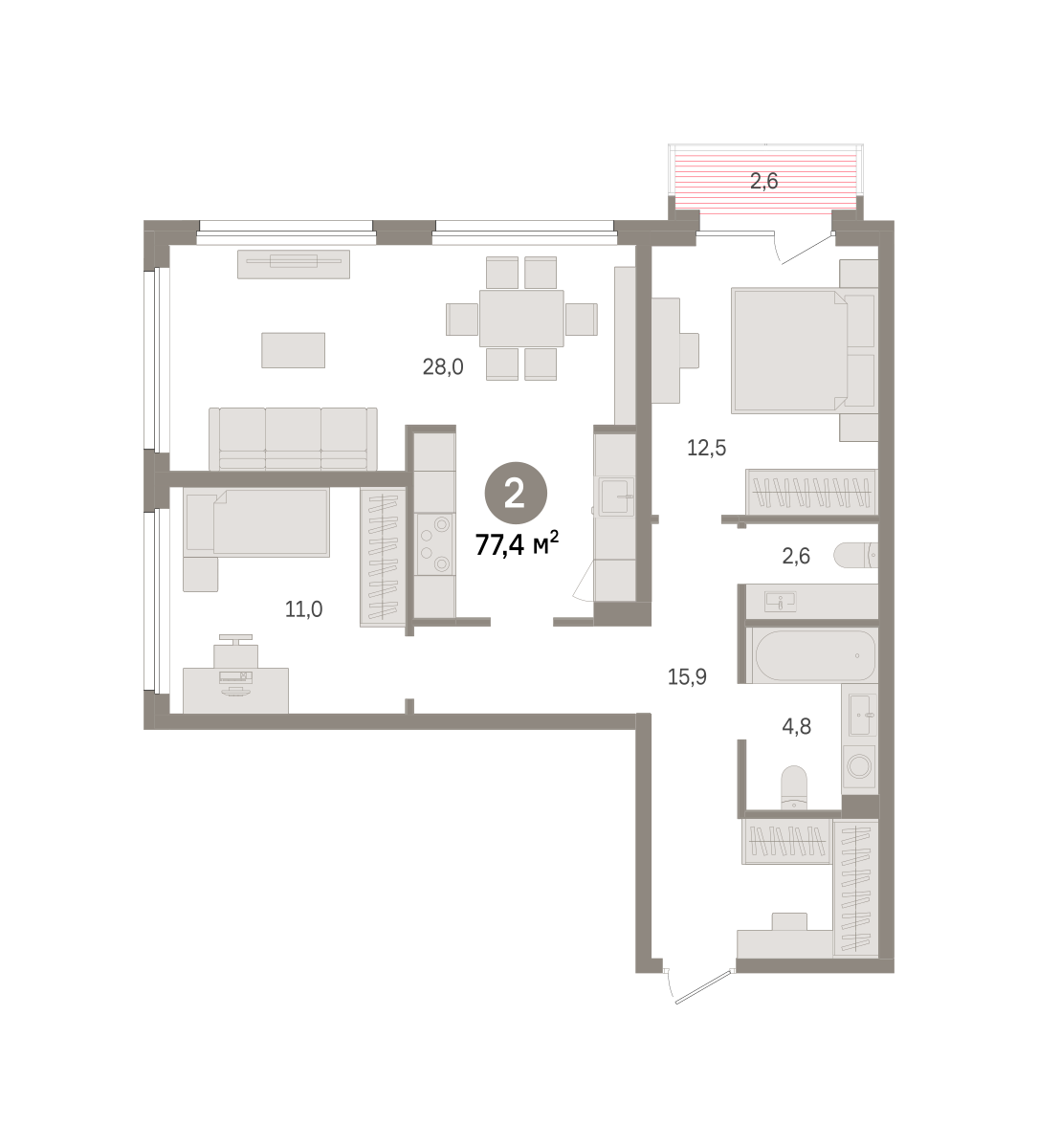 2 комн. Квартира 77.4 кв. м