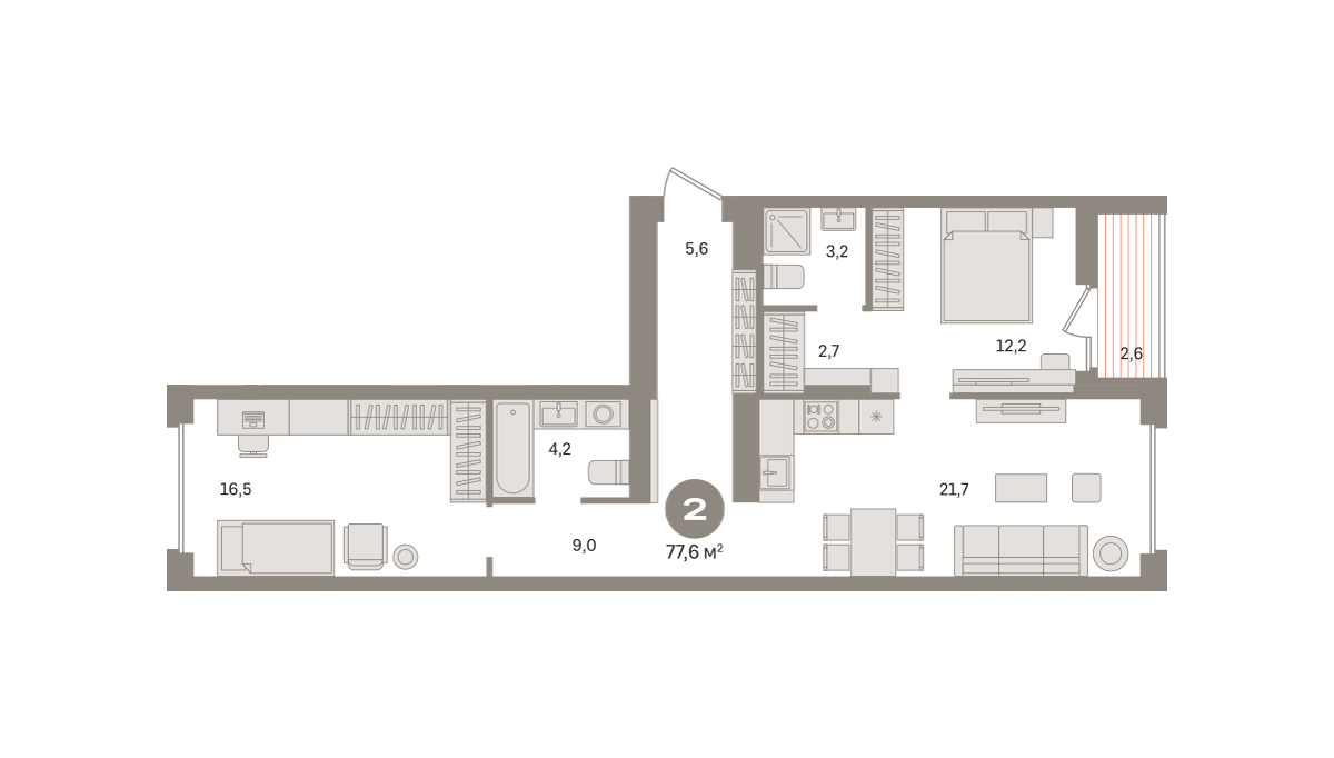 2 комн. Квартира 77.6 кв. м