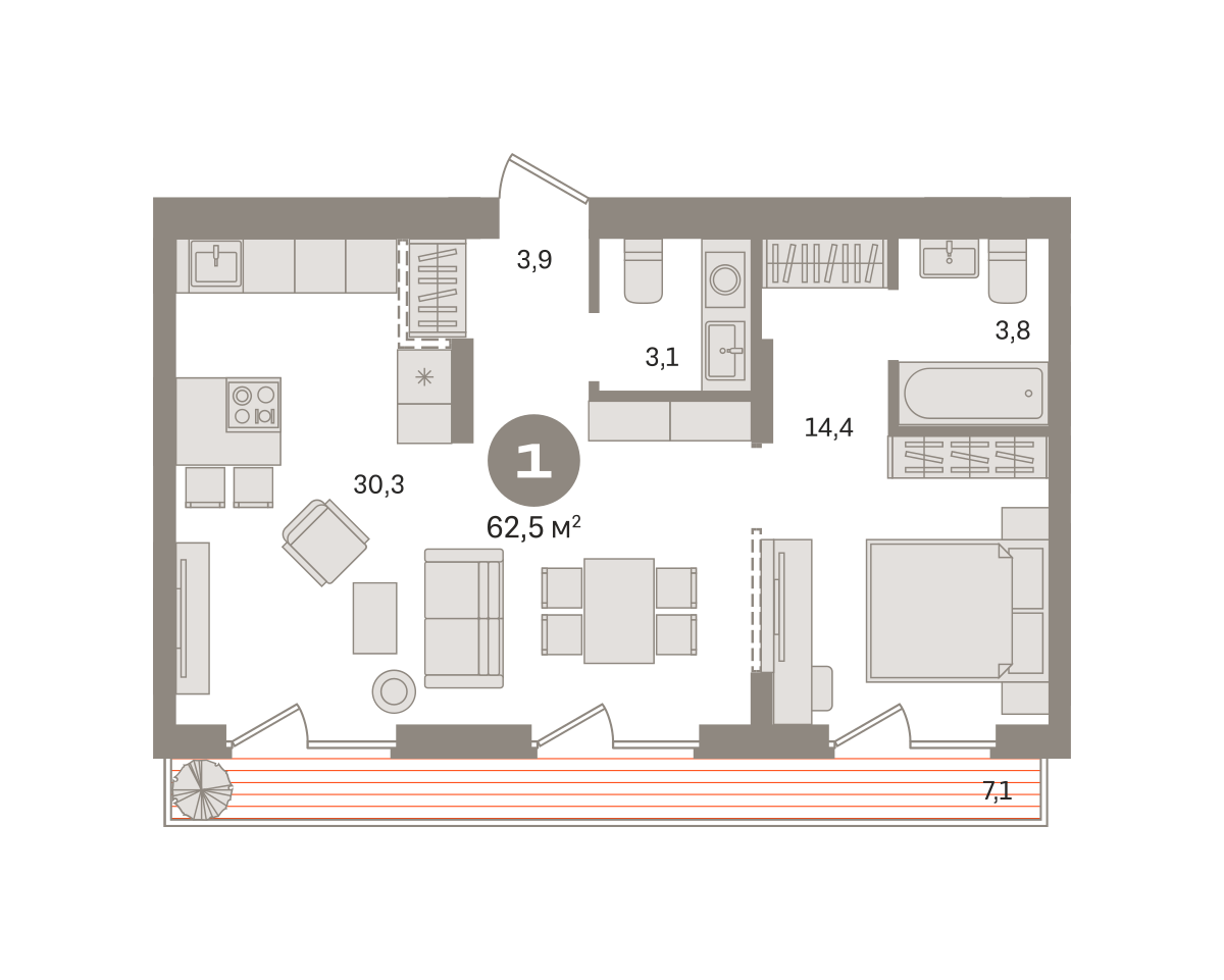 1 комн. Квартира 62.5 кв. м