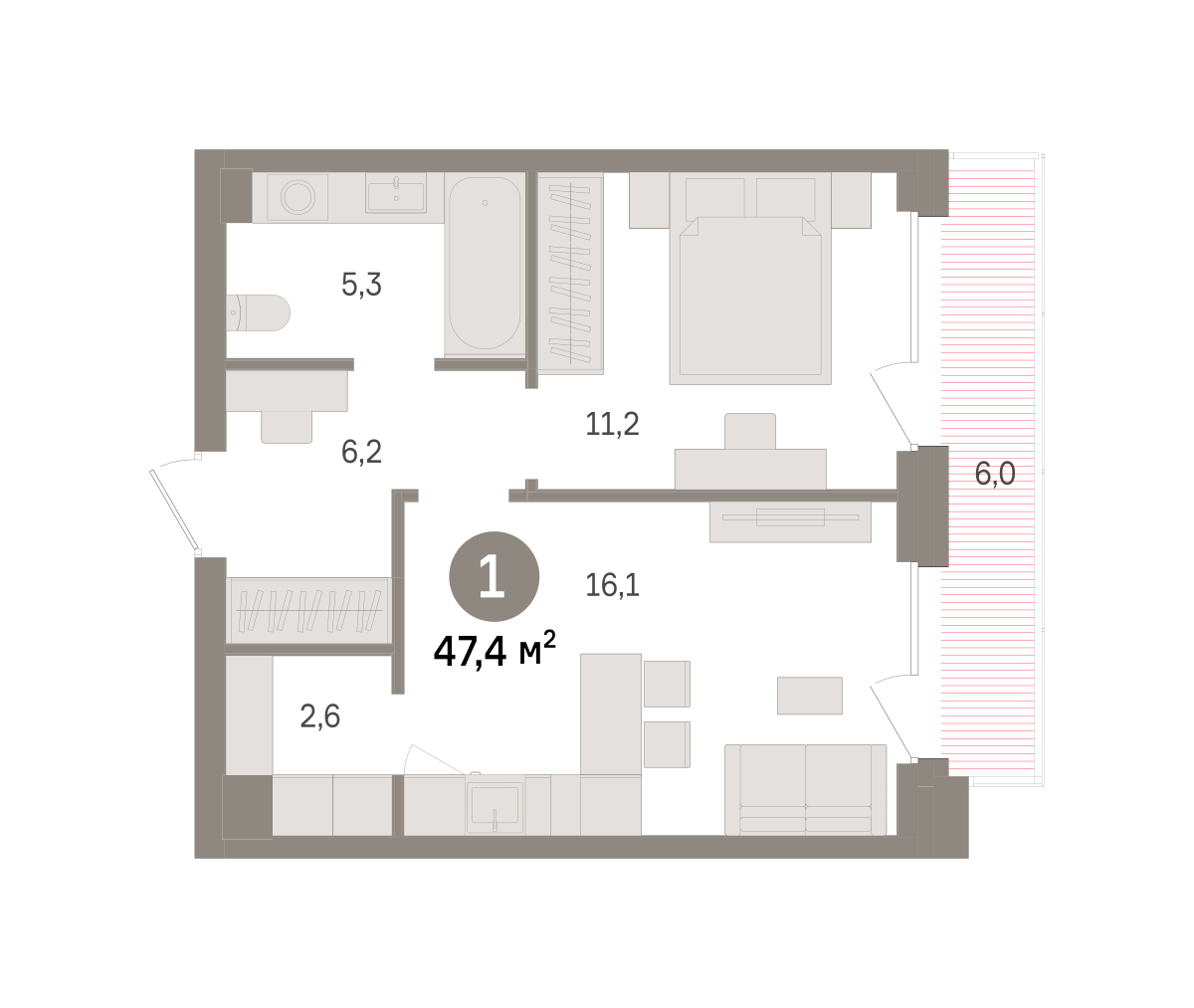 1 комн. Квартира 47.4 кв. м