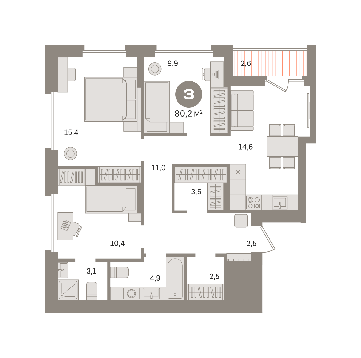 3 комн. Квартира 80.2 кв. м