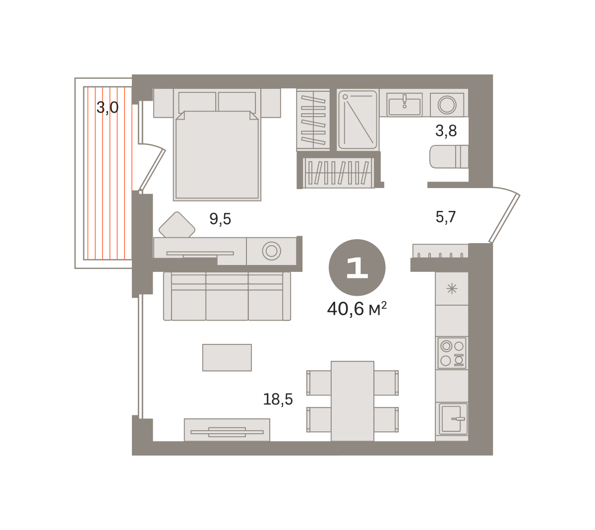 1 комн. Квартира 40.6 кв. м