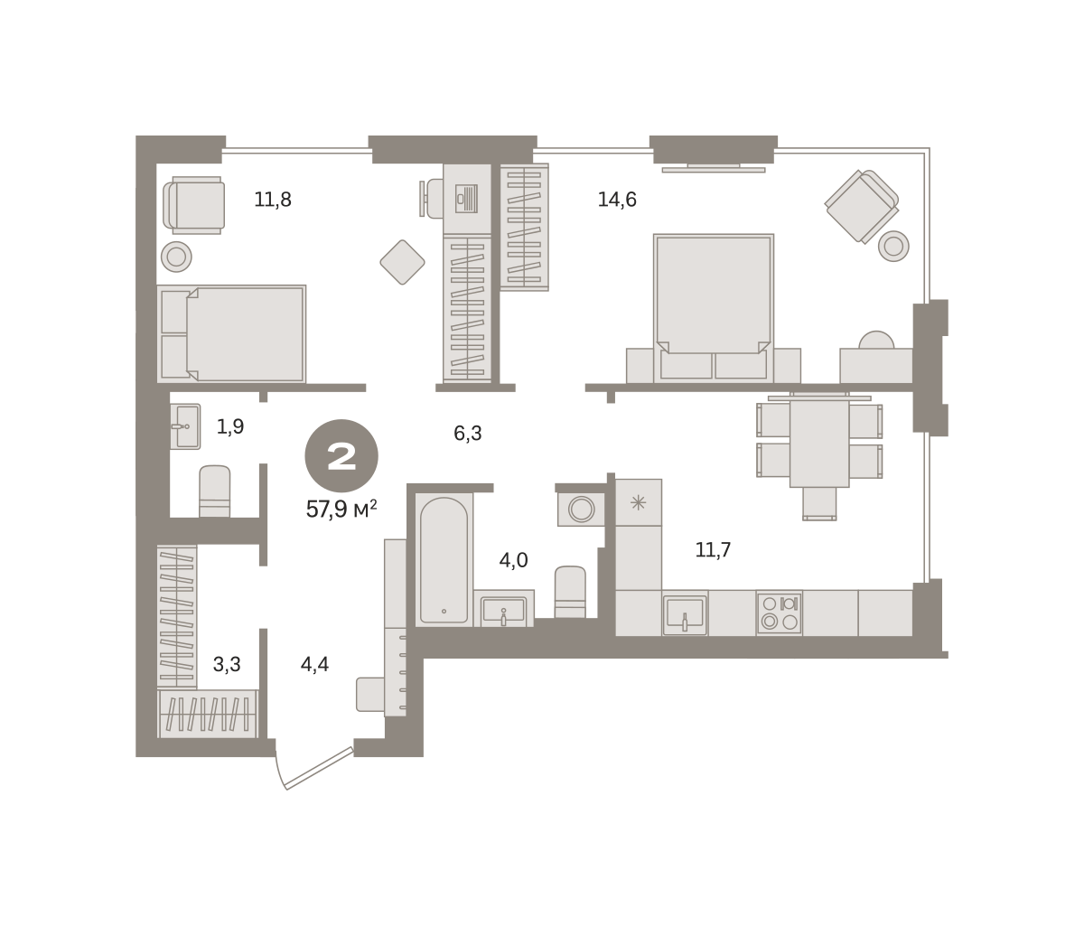 2 комн. Квартира 57.9 кв. м