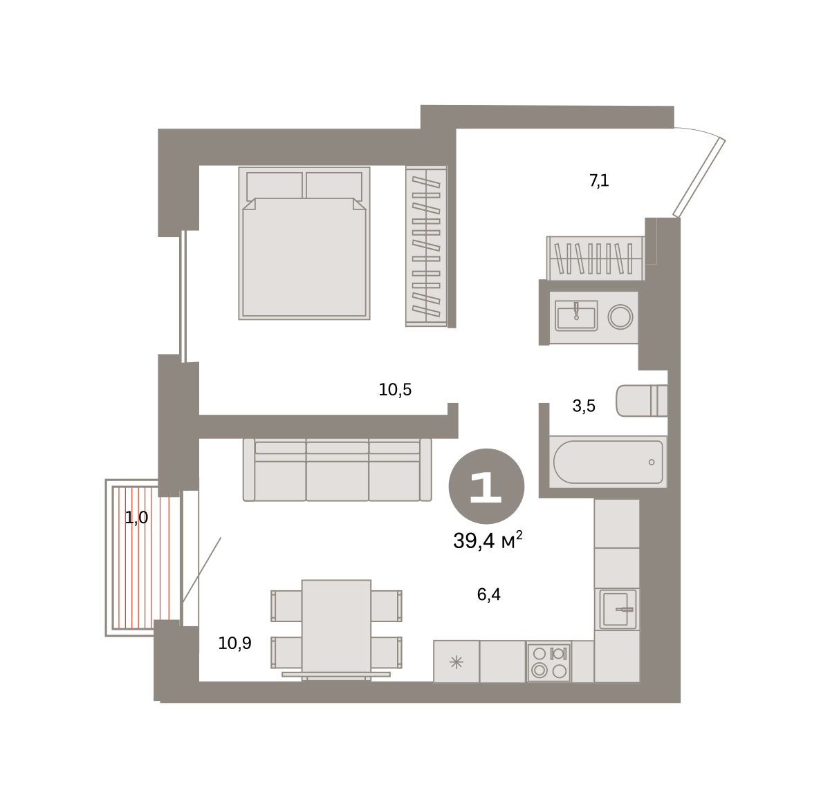 1 комн. Квартира 39.4 кв. м