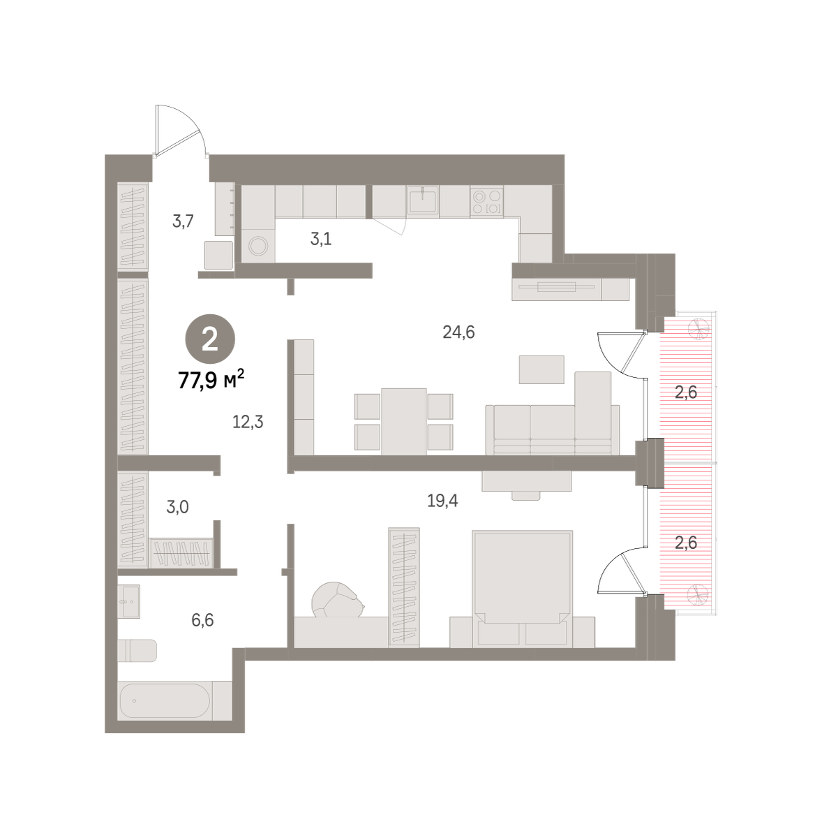 2 комн. Квартира 77.9 кв. м