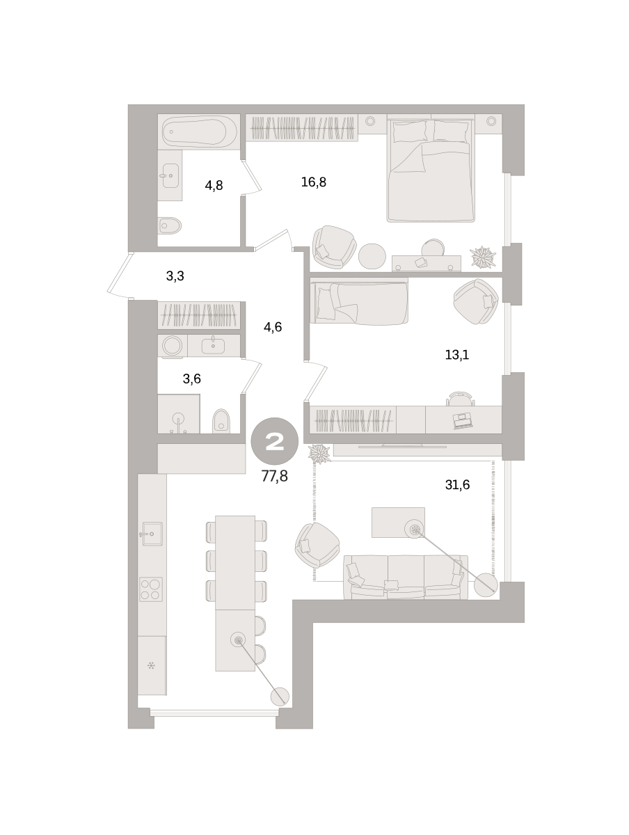 2 комн. Квартира 77.8 кв. м