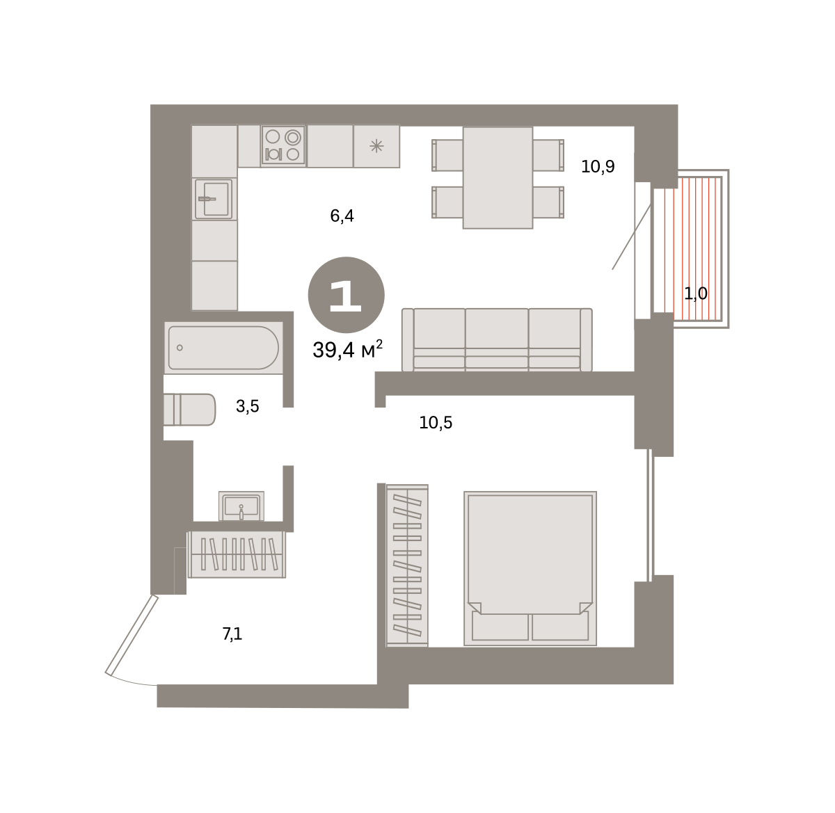 1 комн. Квартира 39.4 кв. м