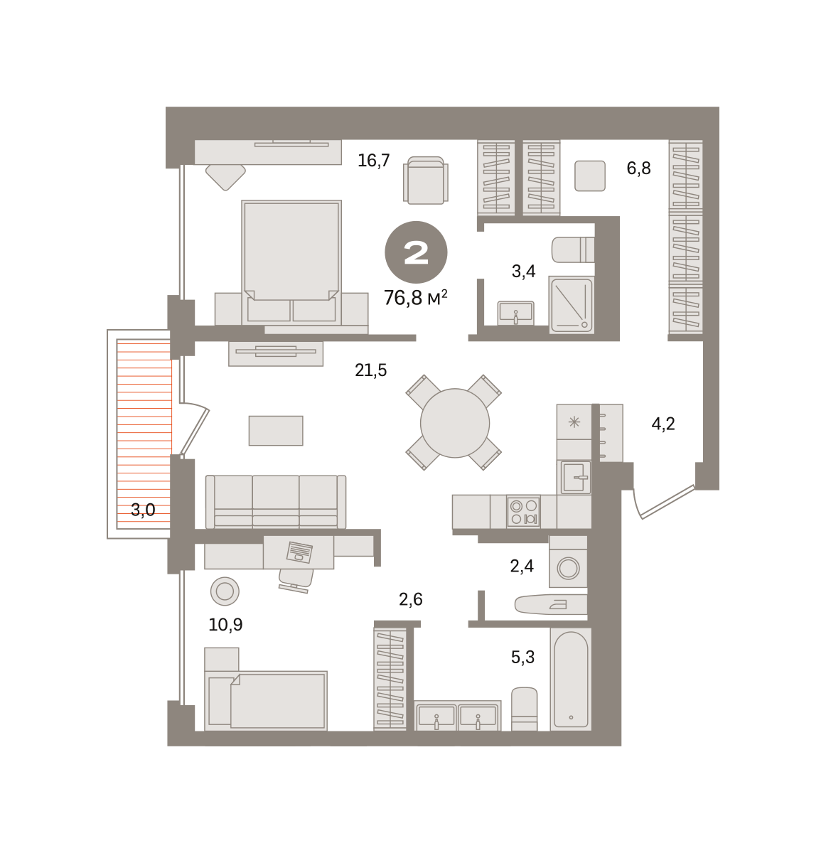 2 комн. Квартира 76.8 кв. м