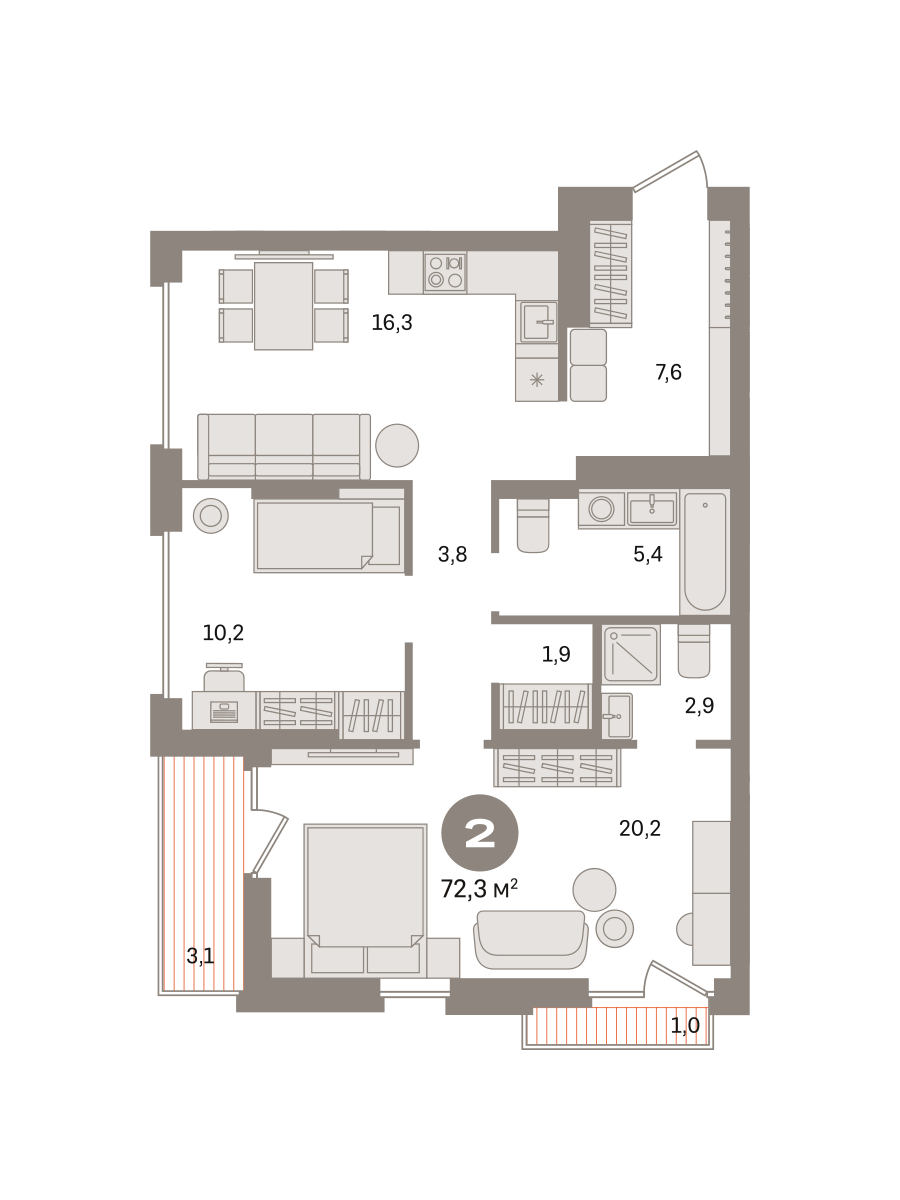 2 комн. Квартира 72.3 кв. м