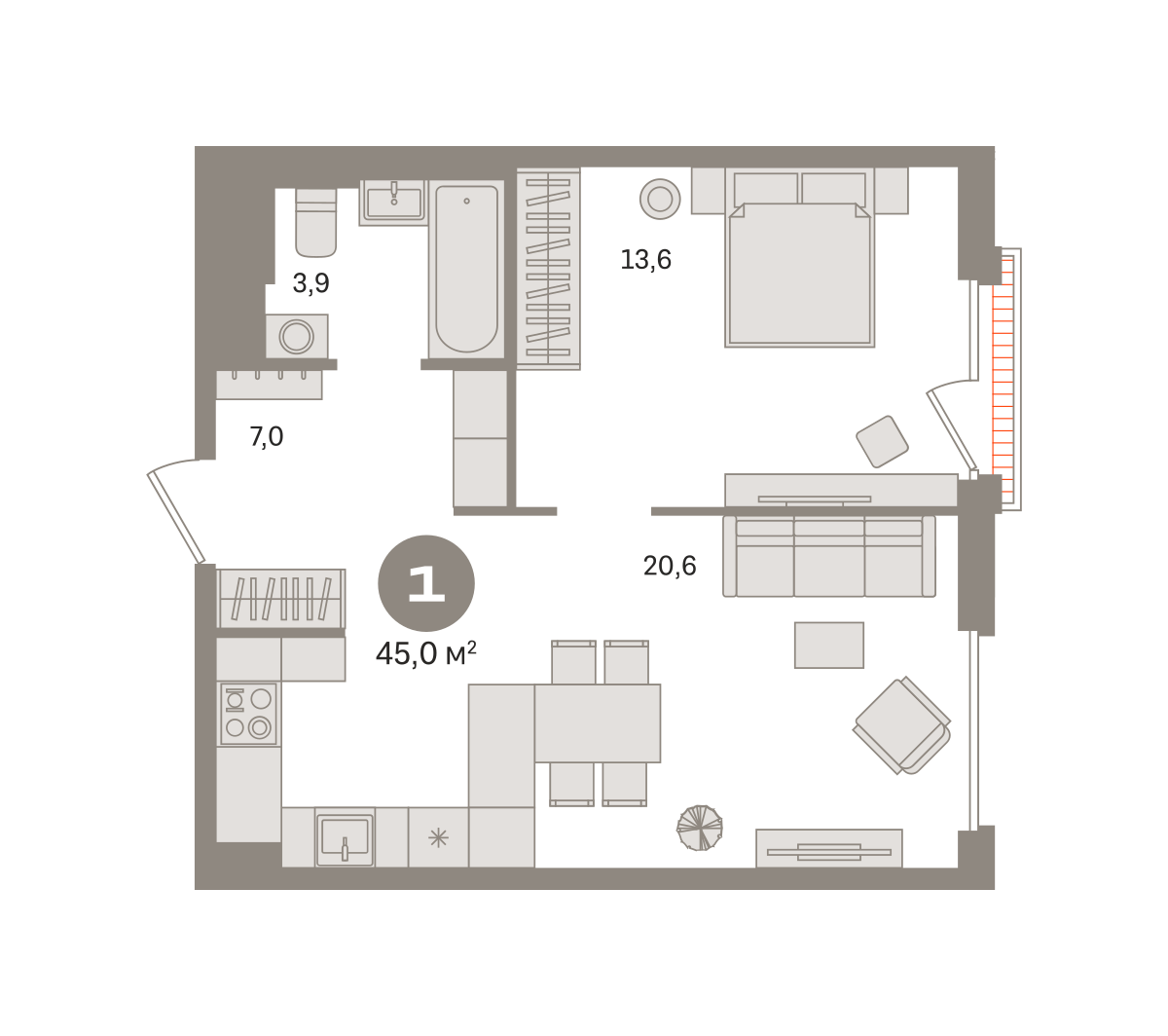 1 комн. Квартира 45 кв. м