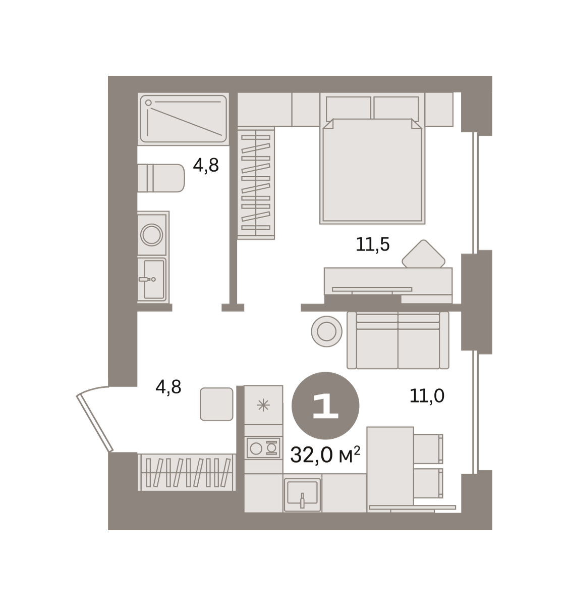 1 комн. Квартира 32 кв. м