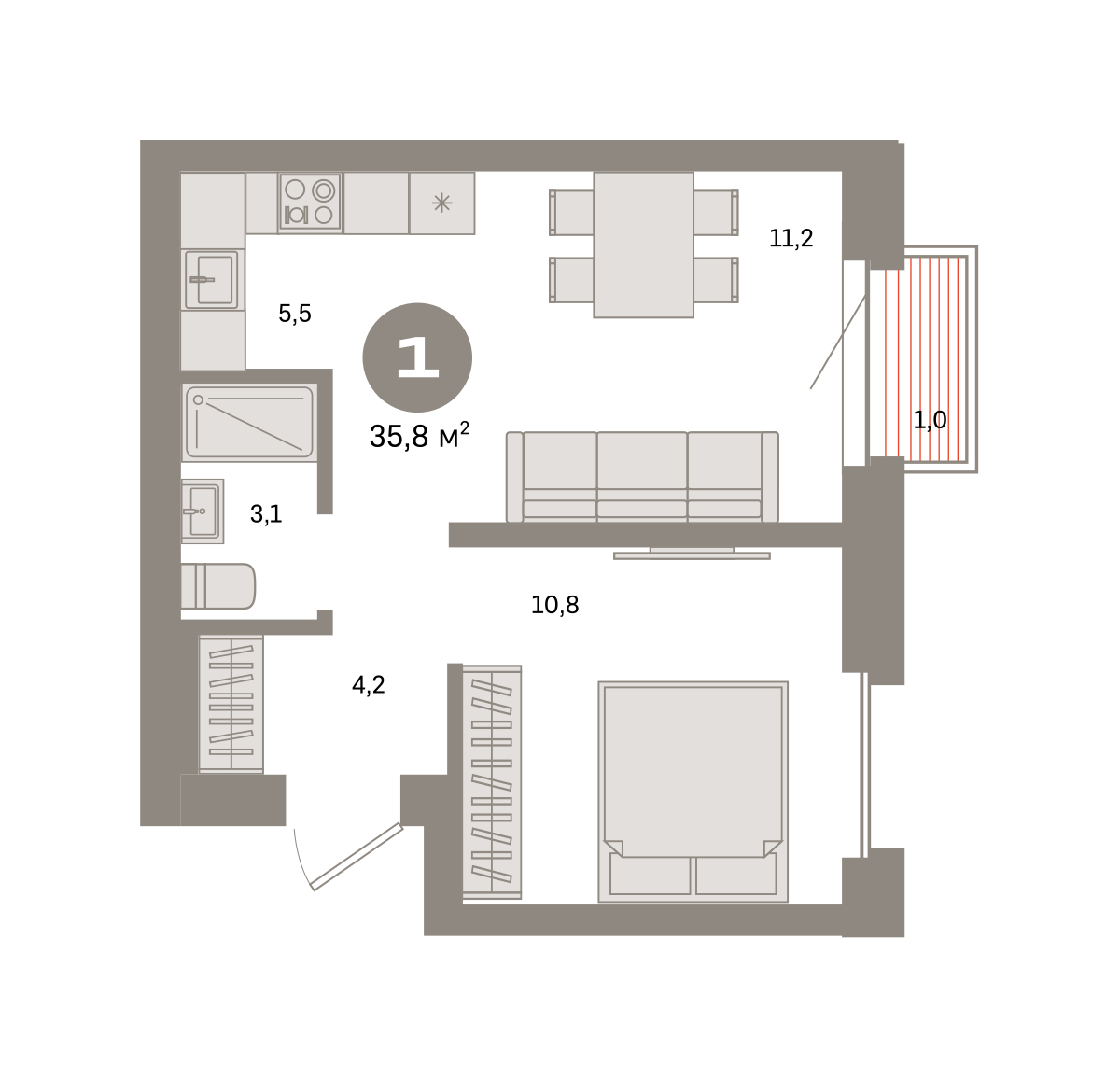 1 комн. Квартира 35.8 кв. м