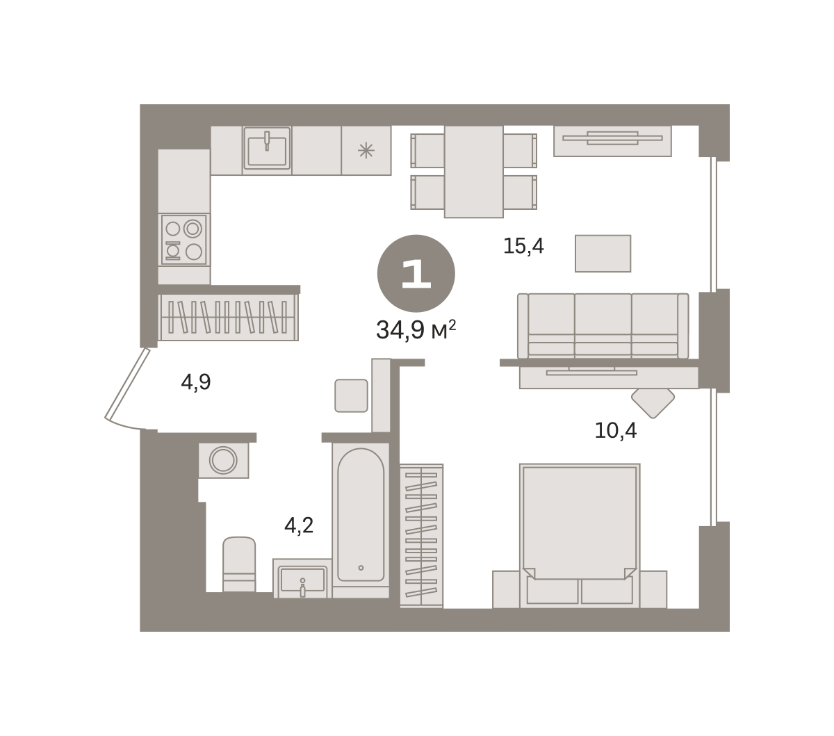 1 комн. Квартира 34.9 кв. м