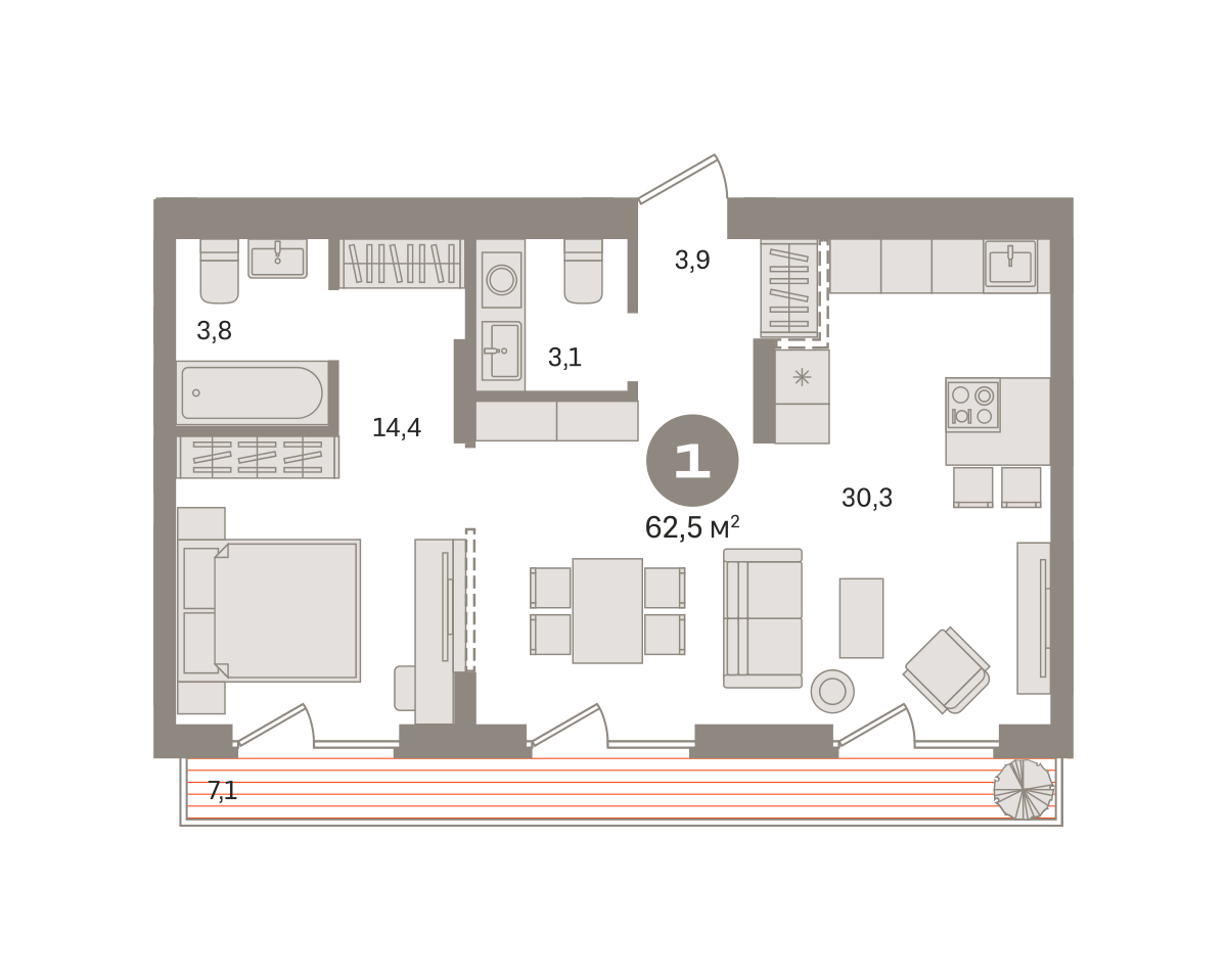 1 комн. Квартира 62.5 кв. м