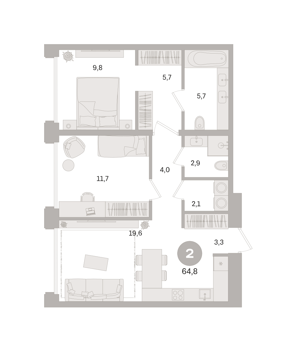 2 комн. Квартира 64.8 кв. м