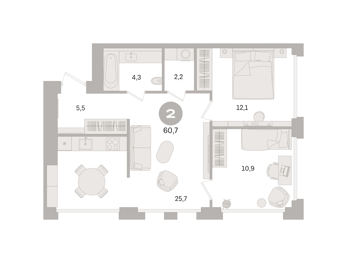 2 комн. Квартира 60.7 кв. м