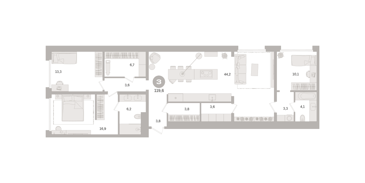 3 комн. Квартира 119.6 кв. м