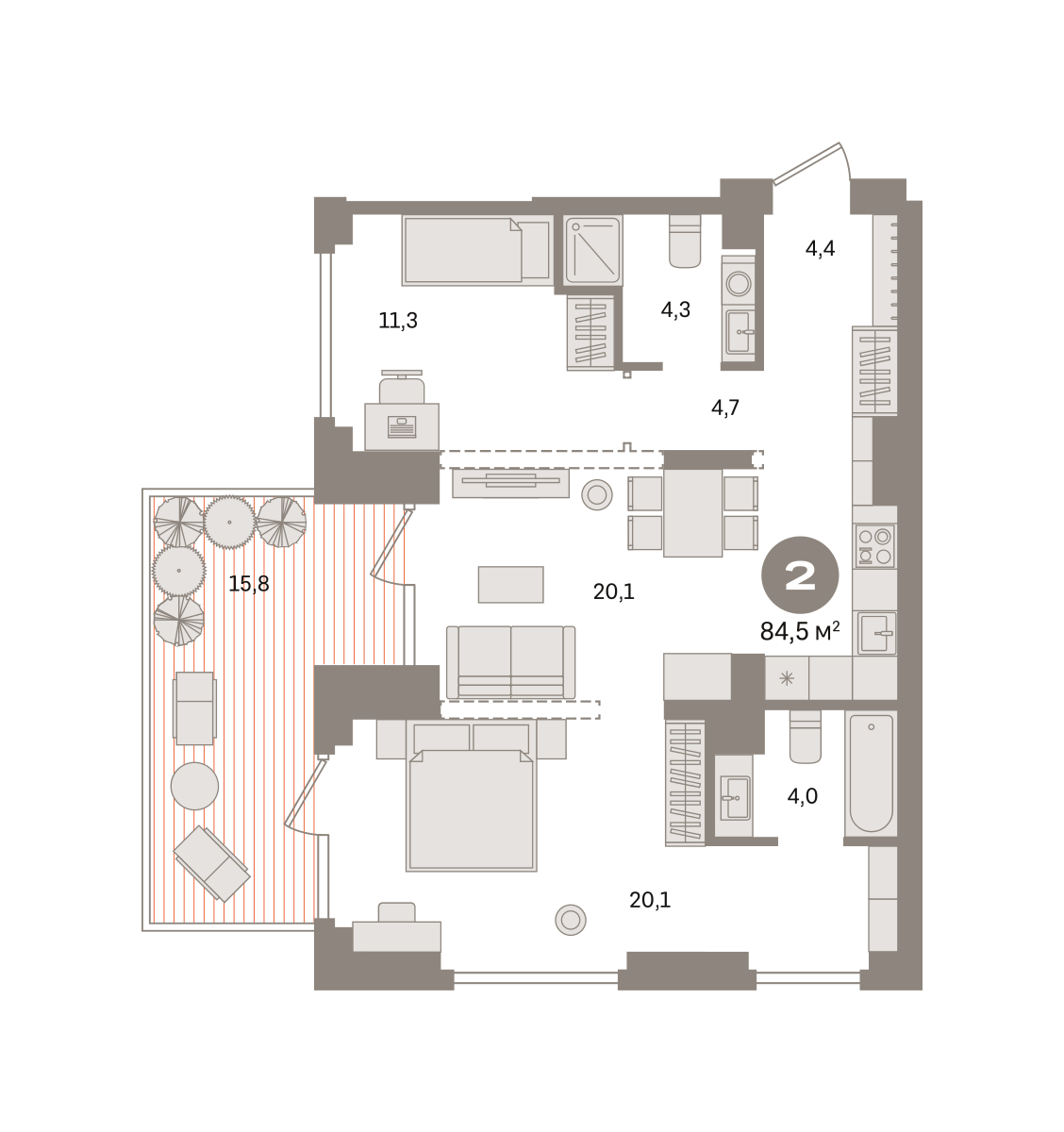 2 комн. Квартира 84.5 кв. м