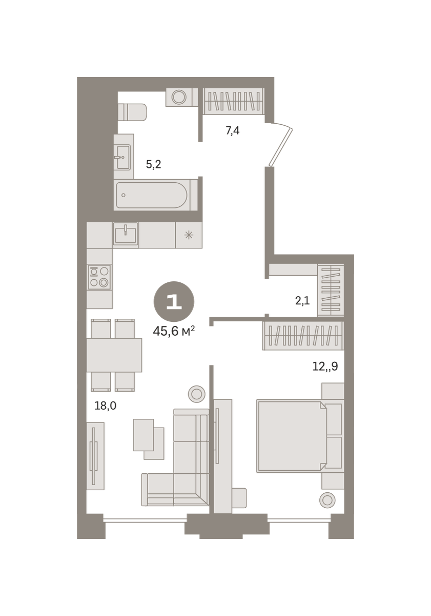 1 комн. Квартира 45.6 кв. м