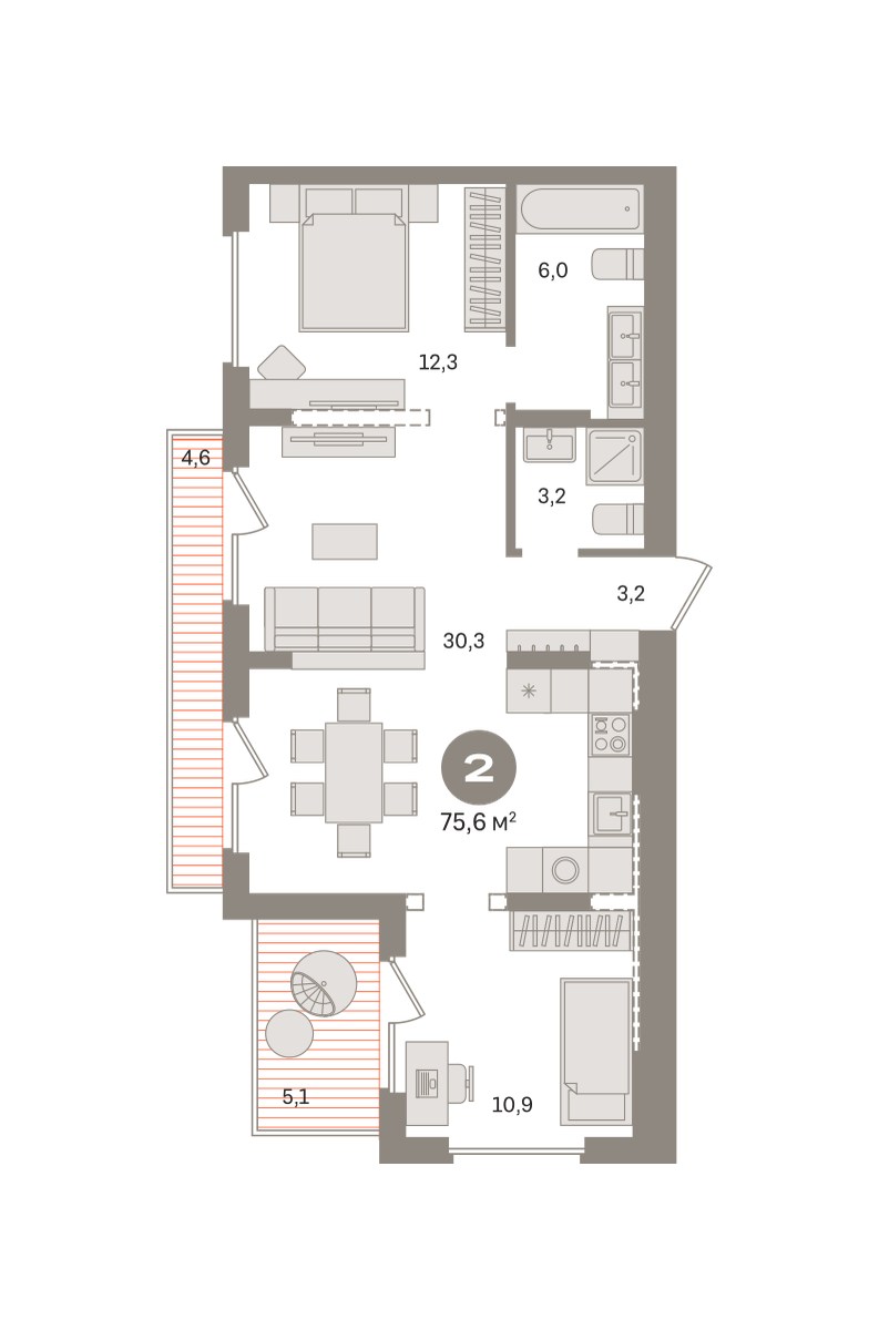 2 комн. Квартира 75.6 кв. м