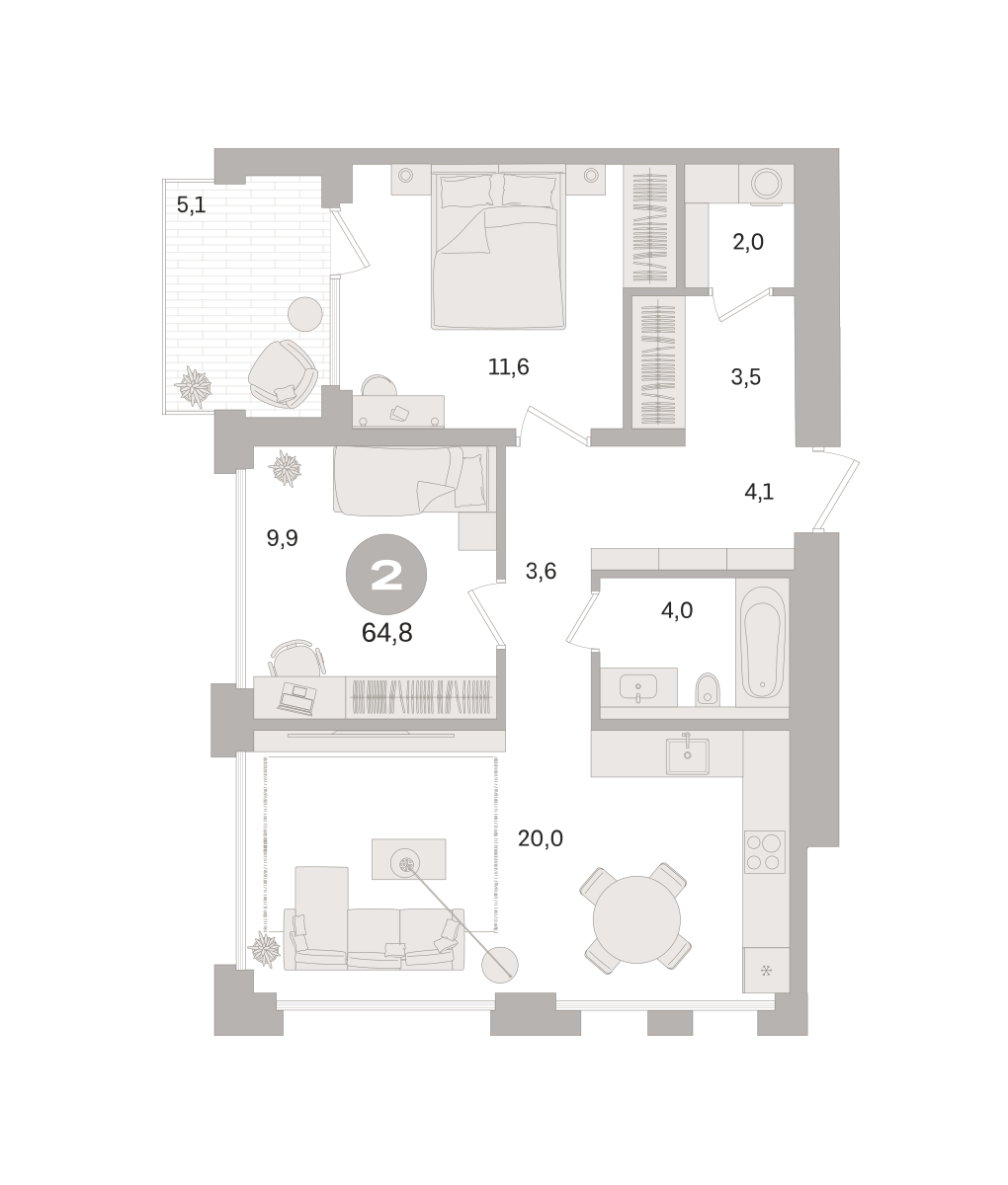2 комн. Квартира 64.8 кв. м