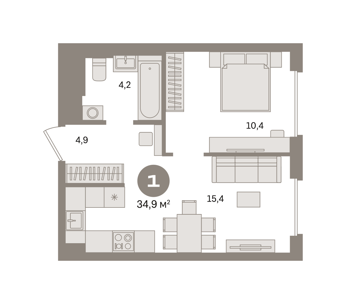 1 комн. Квартира 34.9 кв. м