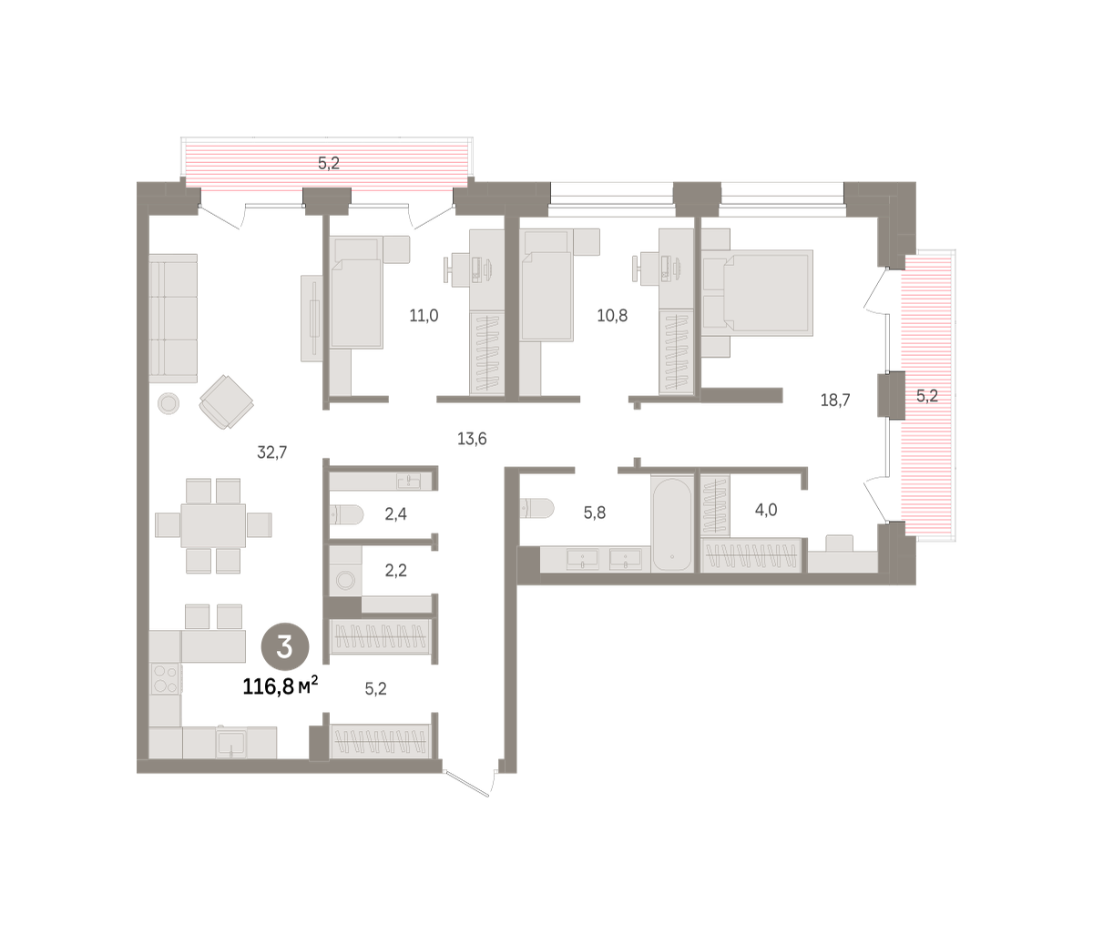3 комн. Квартира 116.8 кв. м