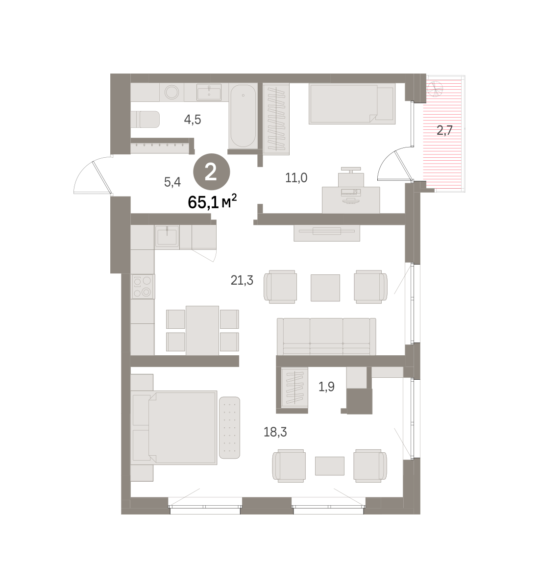 2 комн. Квартира 65.1 кв. м