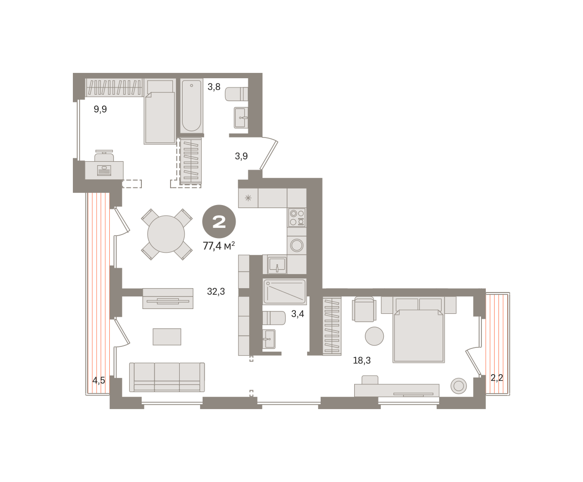 2 комн. Квартира 77.4 кв. м