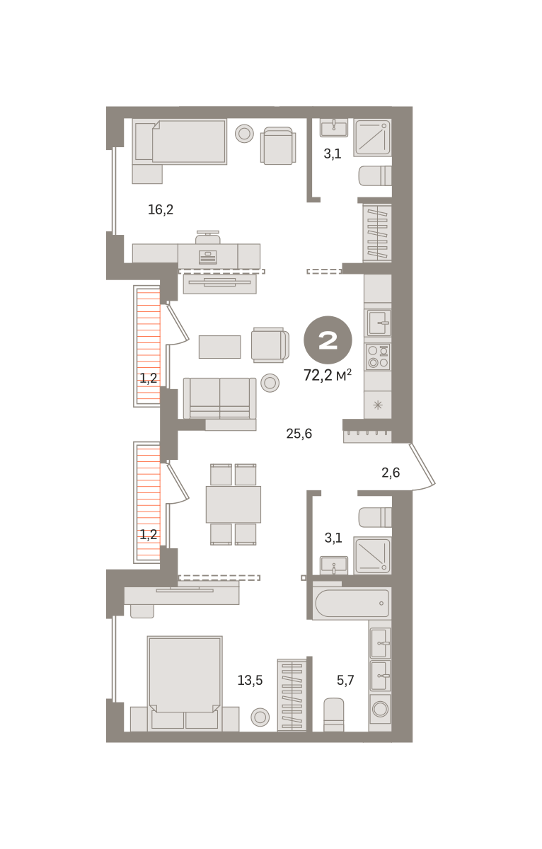 2 комн. Квартира 72.2 кв. м