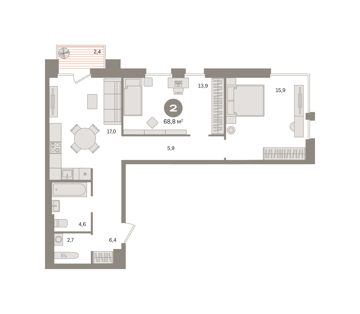 2 комн. Квартира 68.8 кв. м