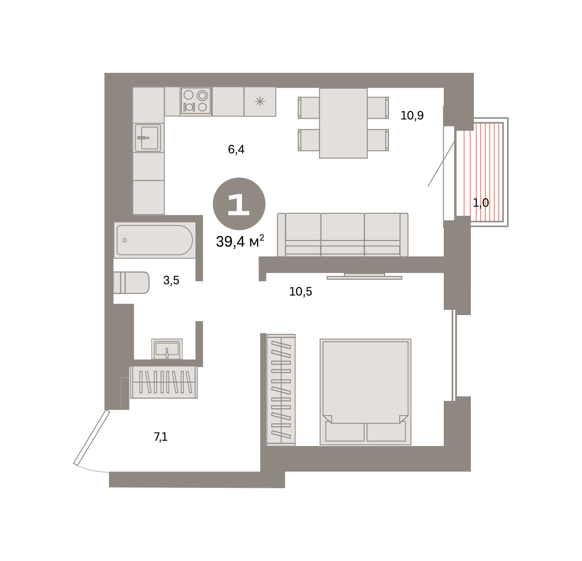 1 комн. Квартира 39.4 кв. м