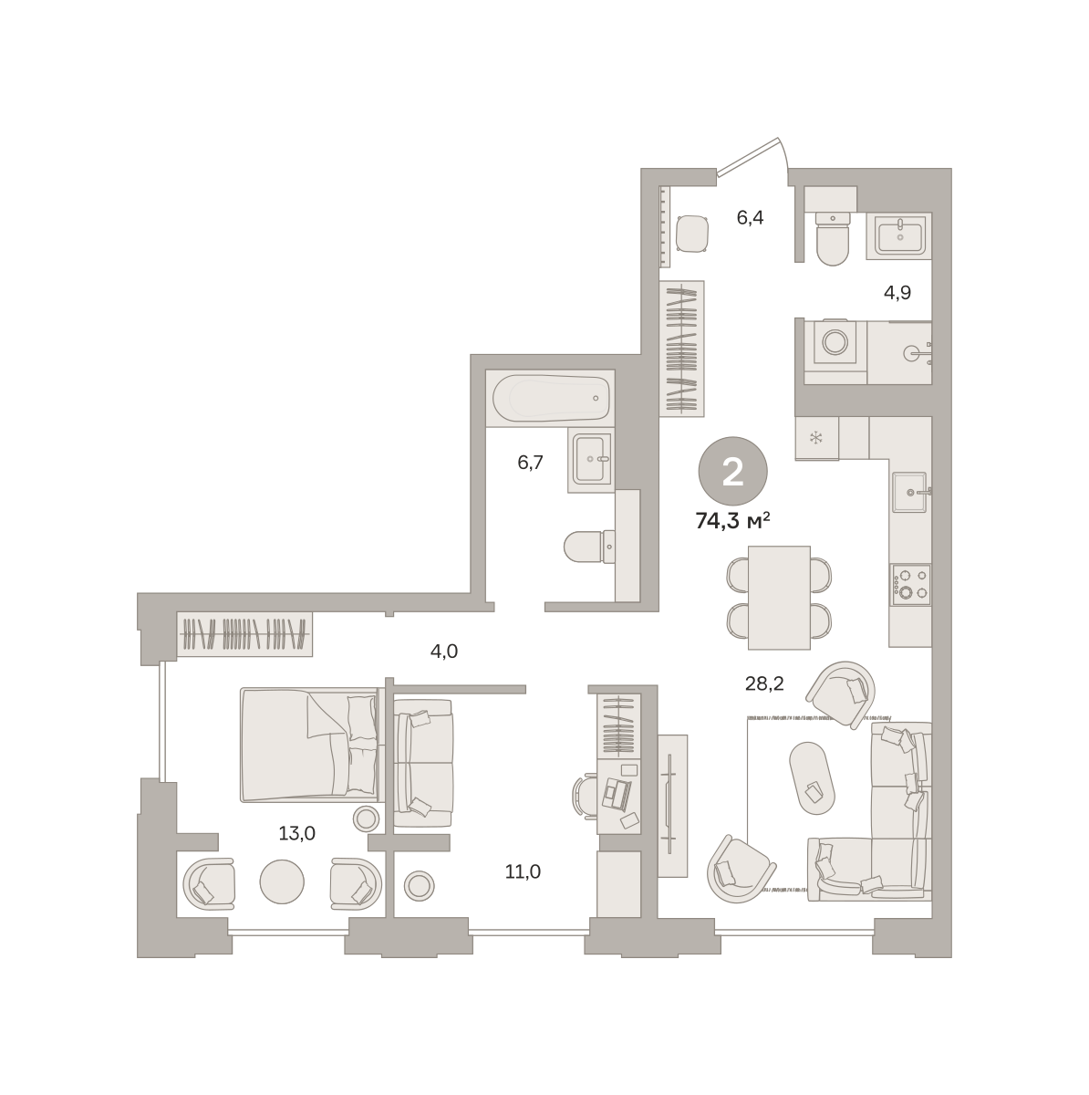 2 комн. Квартира 74.3 кв. м