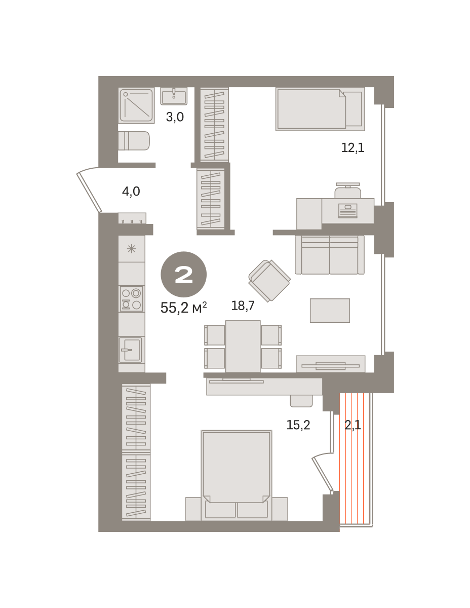 2 комн. Квартира 55.2 кв. м