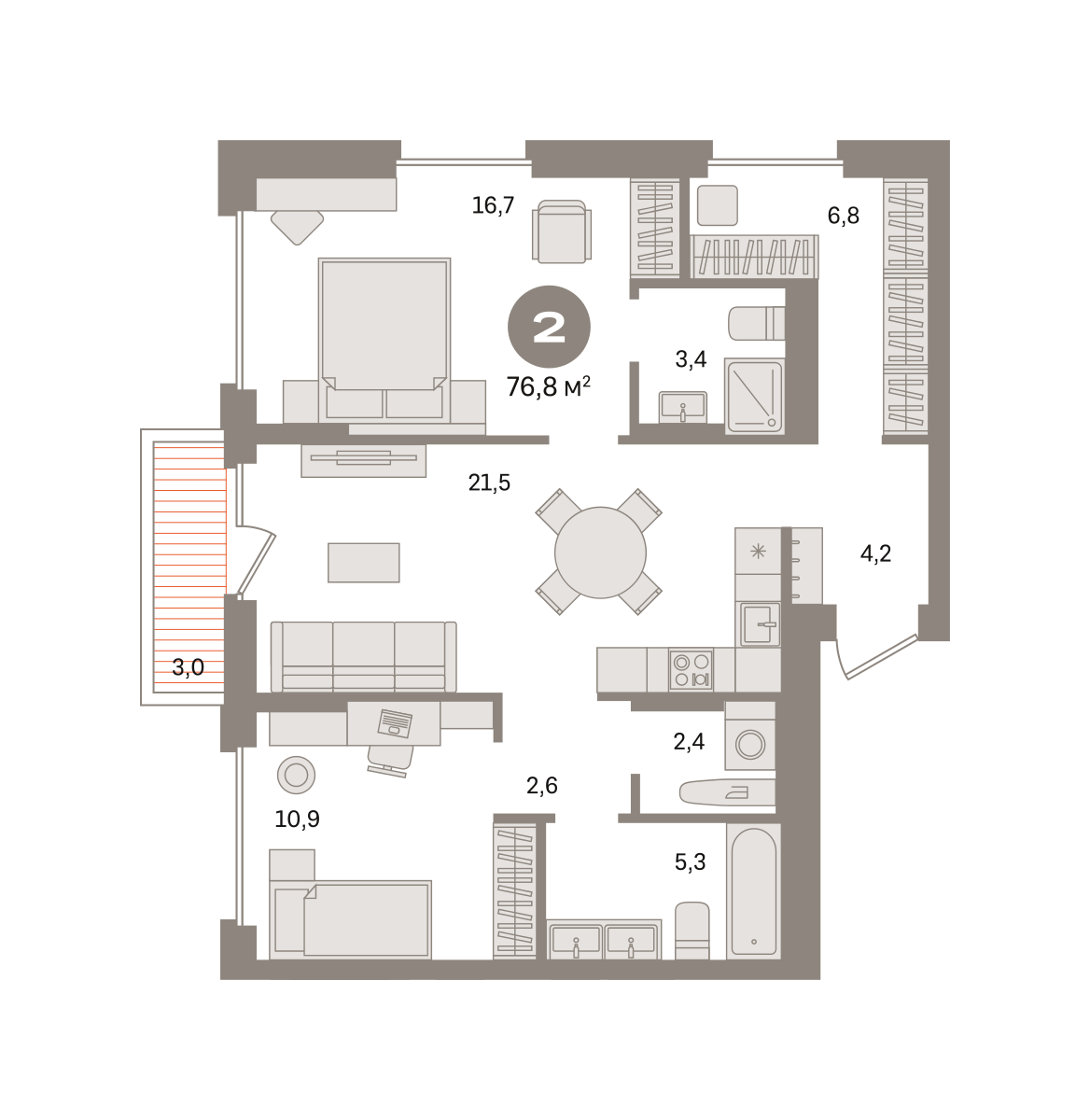 2 комн. Квартира 76.8 кв. м